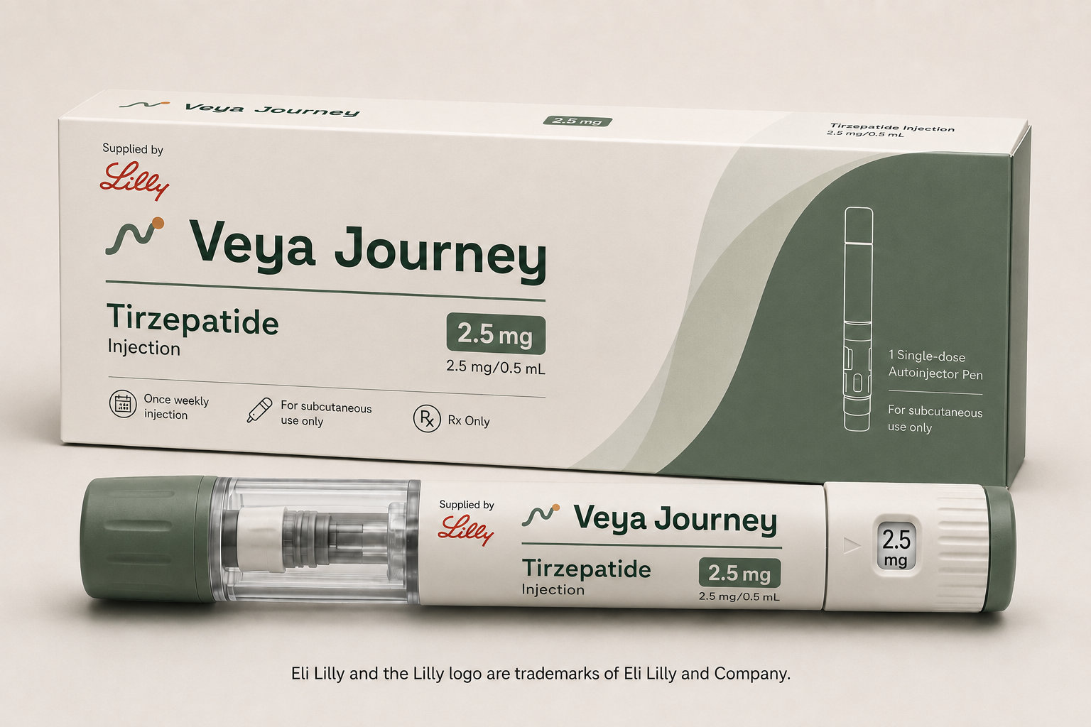 Stiloul injector preumplut Veya Journey cu retatrutidă, doză de 12mg, furnizat de Eli Lilly and Company